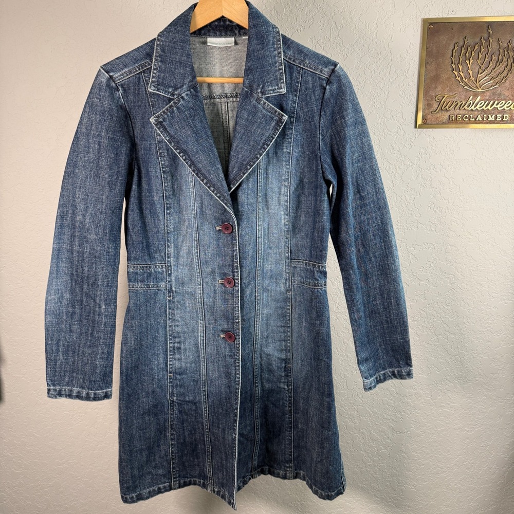 Halogen Womens Denim Trench Coat Medium Wash Longline Button Front Jacket Size S